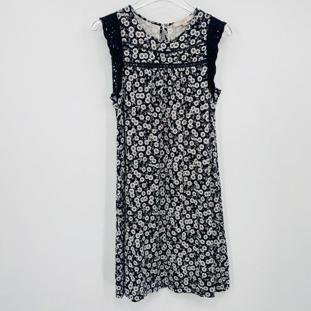 LOFT Size XS Black & White Floral Eyelet Trim Jersey Knit Mini Dress Casual